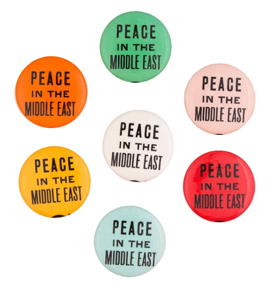 ISRAEL / ARAB WAR “PEACE IN THE MIDDLE EAST” 7 COLOR VARIETY BUTTONS CIRCA 1967.
