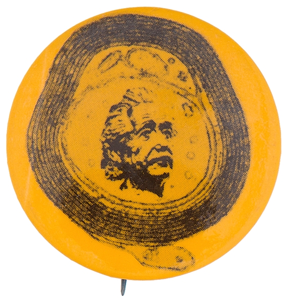 EINSTEIN PORTRAIT IN UNINDENTIFIED BORDER RARE 1970s BUTTON.