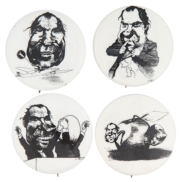 DAVID LEVINE CARTOONS FOUR NIXON & VIETNAM BUTTONS 1968-1971.