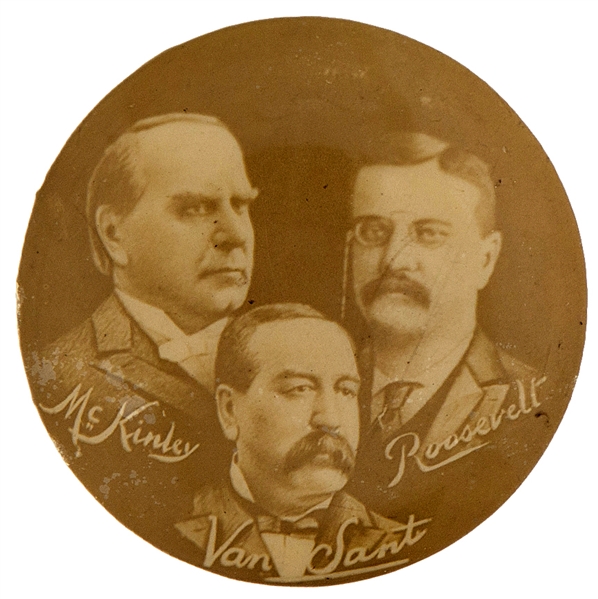 McKINLEY, ROOSEVELT, AND VAN SANT 1900 MINNESOTA COATTAIL TRIGATE BUTTON.