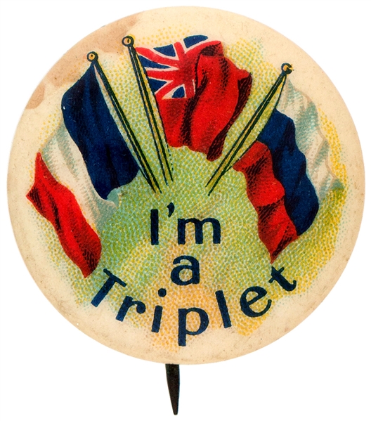 I’M A TRIPLET THREE FLAGS CANADIAN PATRIOTIC BUTTON.