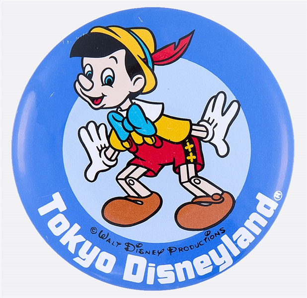 TOKYO DISNEYLAND WITH PINOCCHIO OFFICIAL DISNEY LITHO BUTTON.