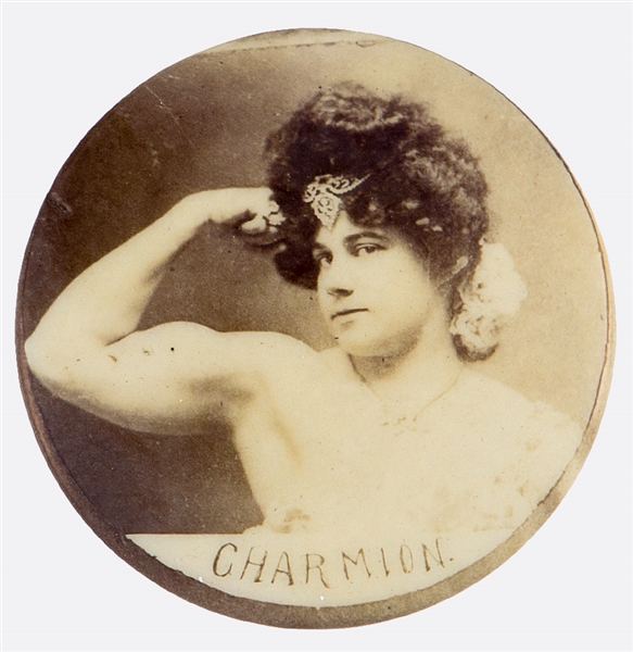 CHARMION AMERICAN TRAPEZE ARTIST AND STRONGWOMAN FLEXING ARM REAL PHOTO BUTTON.