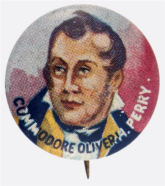 COMMODORE OLIVER PERRY FROM 1930s LITHO BUTTON SET TITLED ON BACK YANK JUNIOR HERO SERIES.