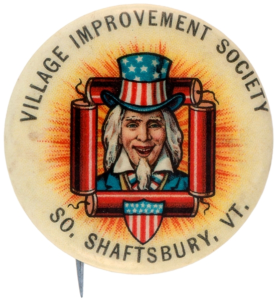 UNCLE SAM JULY 4 VILLAGE IMPROVEMENT SOCIETY CIRCA 1900 PATRIOTIC BUTTON.