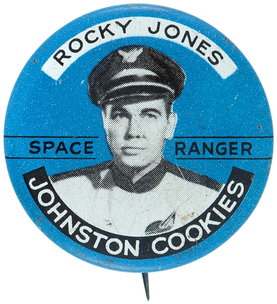 ROCKY JONES – SPACE RANGER - 1954 TV SHOW JOHNSTON COOKIES ADVERTISING LITHO BUTTON.