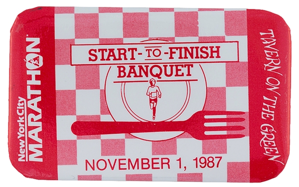 NYC 1987 MARATHON START TO FINISH BANQUET BUTTON.