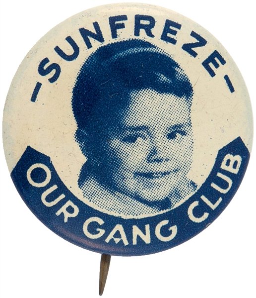 MOVIE STAR OUR GANG SPANKY 1930s SUNFREZE LITHO ADVERTISING BUTTON.