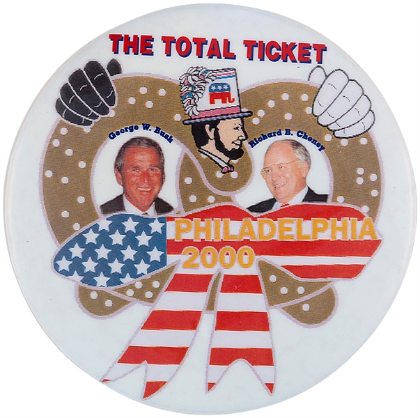 BUSH PRETZEL JUGATE SOLD ONLY AT GOP PHILA 2000 CONVENTION BUTTON.