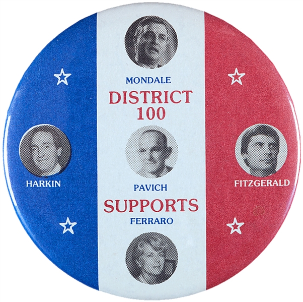 MONDALE 1984 COATTAIL QUADGATE BUTTON FROM IOWA.